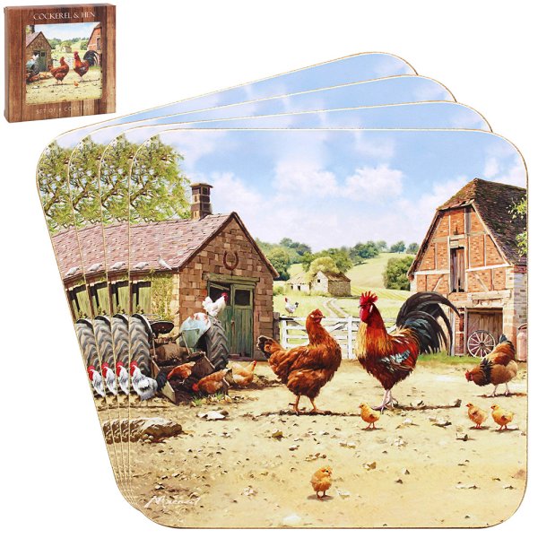 COCKEREL & HEN COASTERS SET 4