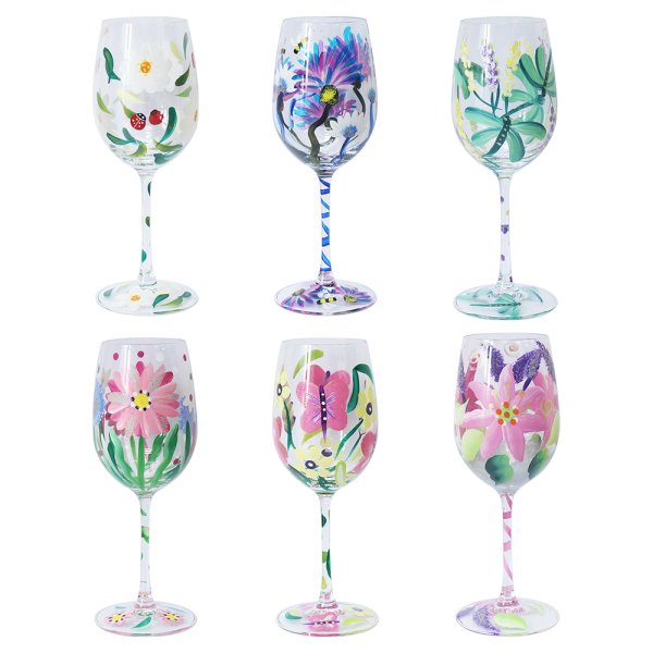 HAND PAINTED WINE GLASS 6 ASST