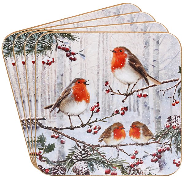 CHRISTMAS ROBINS COASTERS SET4