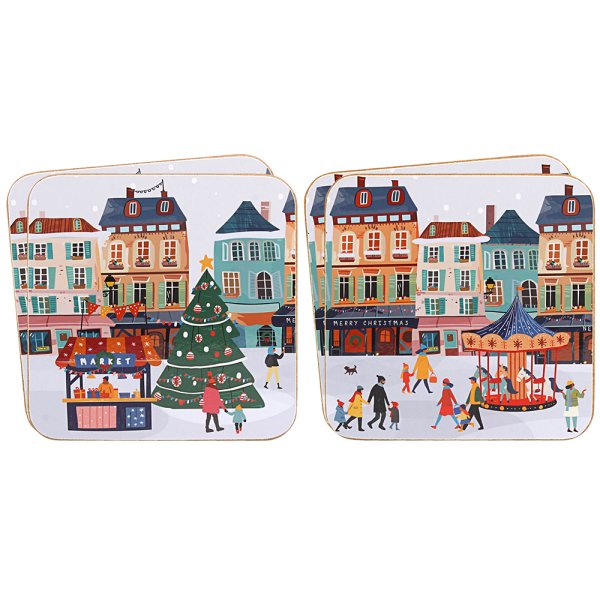 XMAS TINSEL TOWN COASTERS SET4