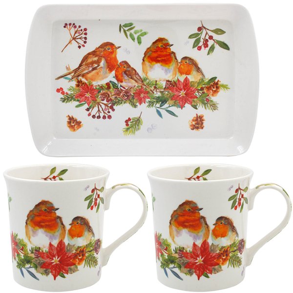 WINTER ROBINS MUGS WITH TRAY