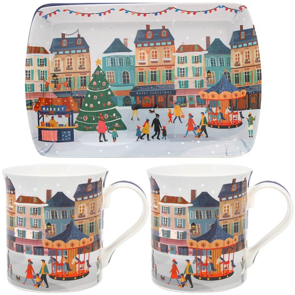 XMAS TINSEL TOWN MUG&TRAY SET