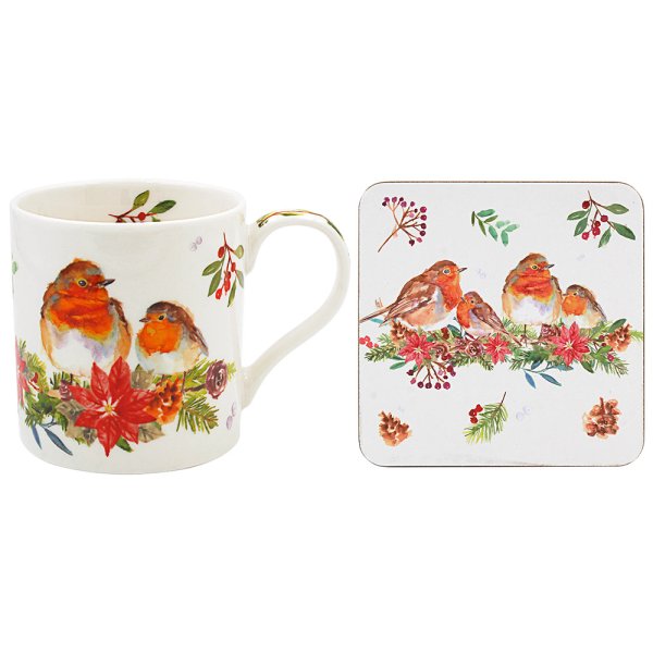 WINTER ROBINS SML MUG&COASTER