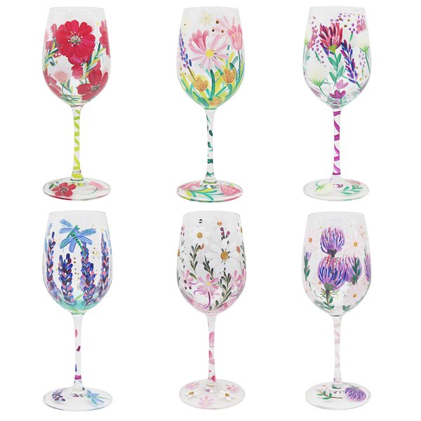 HAND PAINED WINE GLASS 6 ASST