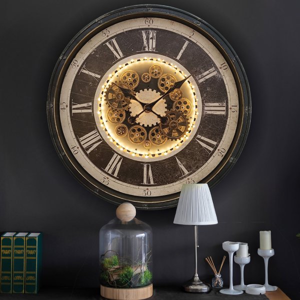 COG CLOCK LIGHT UP SILVER 76CM