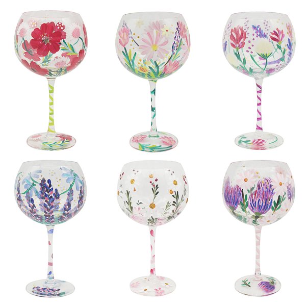 HAND PAINTED GIN GLASS 6  ASST