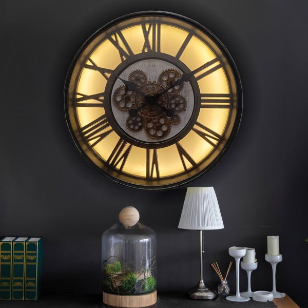 COG CLOCK LIGHT UP BLACK 51CM