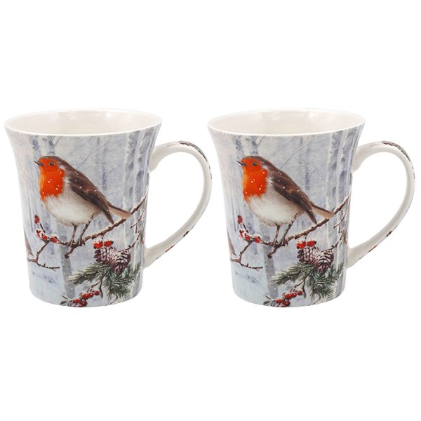 CHRISTMAS ROBINS MUGS 2 SET