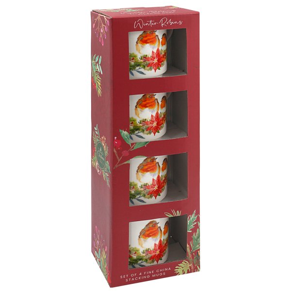 WINTER ROBINS STACKING MUGS S4