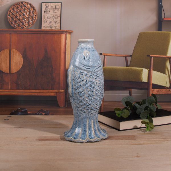 FISH VASE REACTIVE GLAZE 28CM