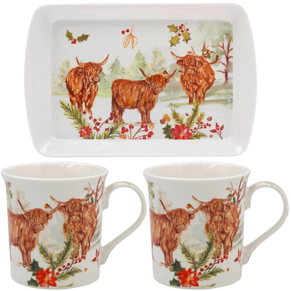 HIGHLAND COW MUGS/TRAY SET