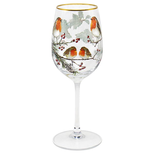 CHRISTMAS ROBINS WINE GLASS