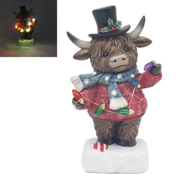 XMAS HIGHLAND COW WITH HAT LED