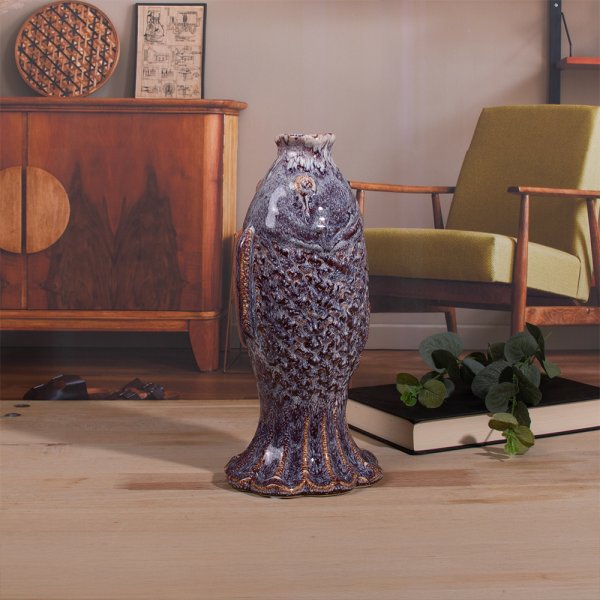 FISH VASE REACTIVE GLAZE 28CM