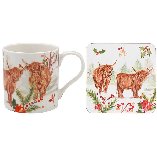 HIGHLAND COW SML MUG&COASTER